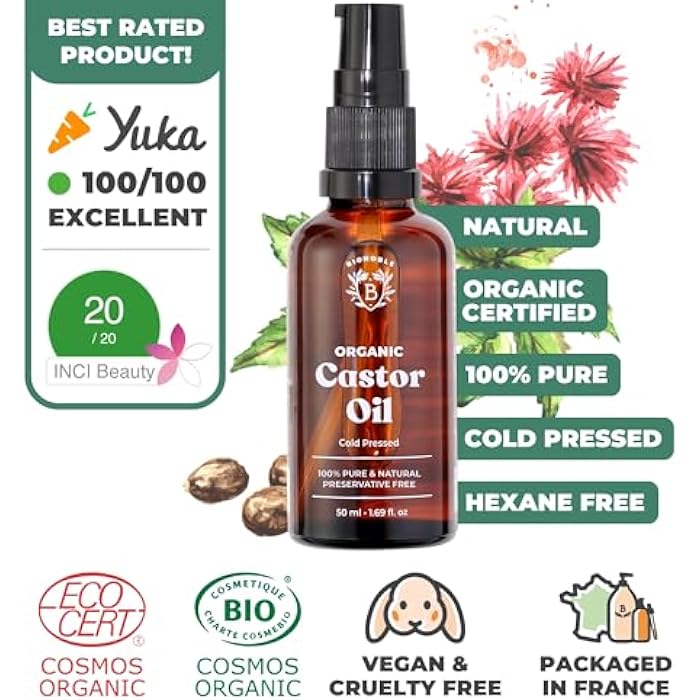 Bionoble Castor Oil Organic 50 ml - 100% Pure, Natural and Cold Pressed - Eyelashes, Eyebrows, Hair, Beard, Nails - Vegan and Cruelty Free - Castor Oil - Glass Bottle + Pipette + Pump - Image 2